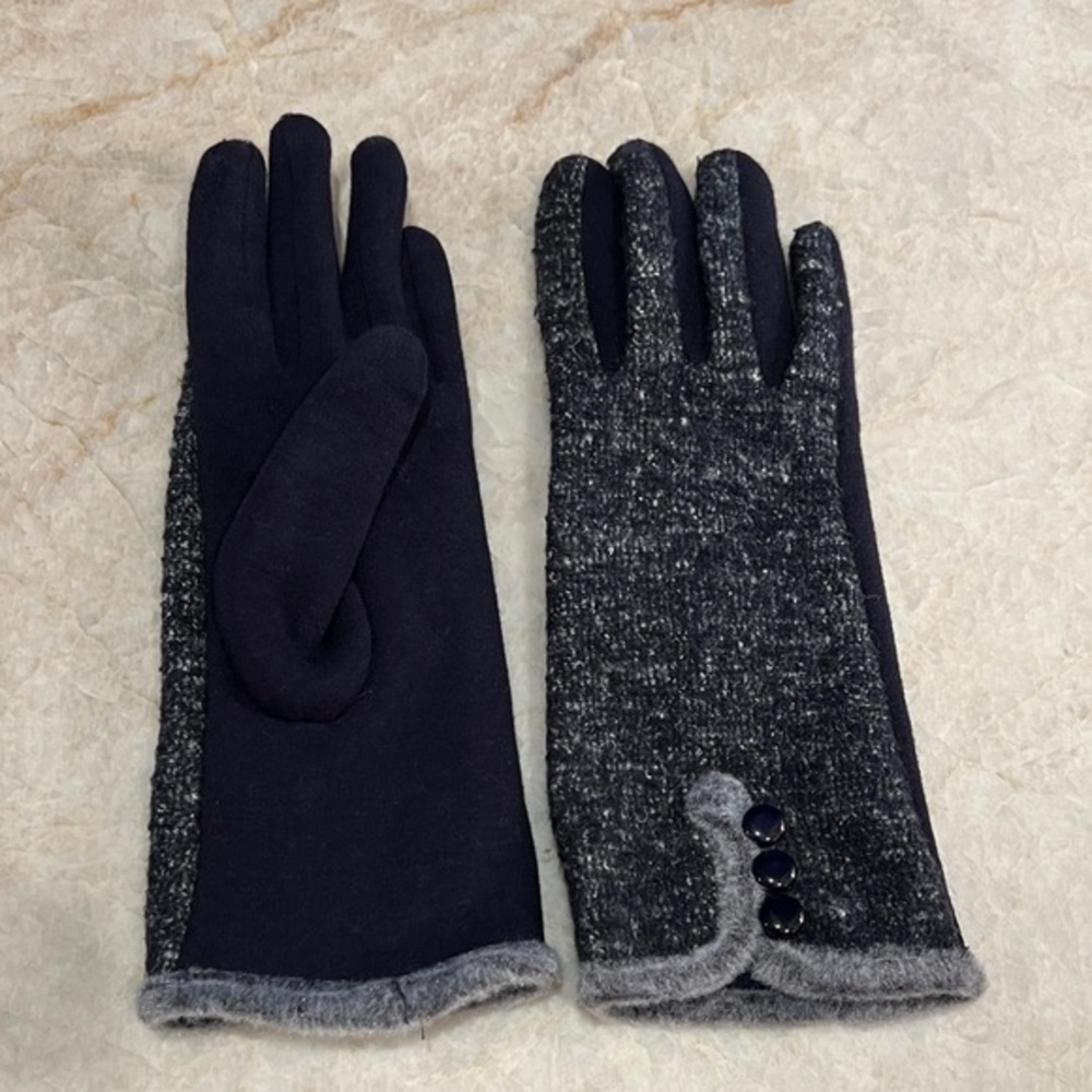 Stylish Black and Gray Gloves with Button Detail